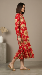Crimson Red Sunflower Print Tiered Shirt Dress | Daylist.in