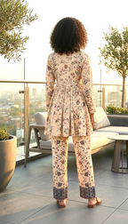 Beige Printed Ethnic Co-Ord Set for Women | V-Neck Kurti with Printed Pants
