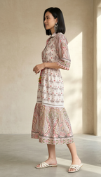 Women Beige Ethnic Printed A-Line Midi Dress with Tassel Tie-Up | Daylist