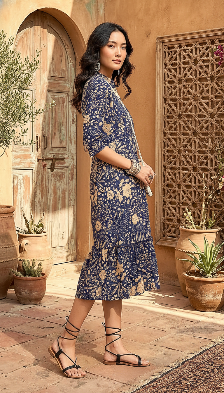 Navy Blue Floral Printed Midi Dress for Women | High Neck Ethnic Dress | Daylist