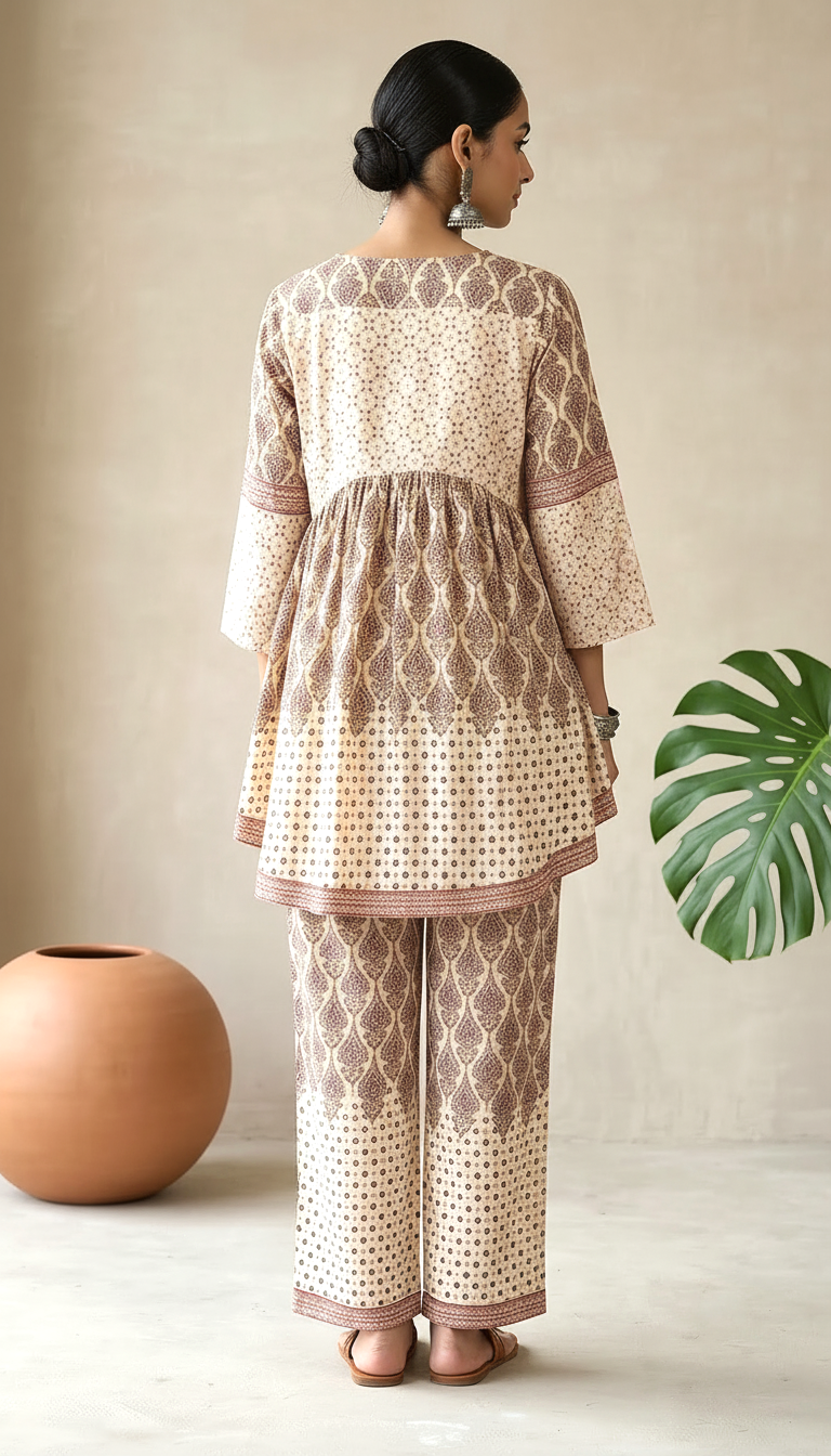 Daylist Earthy Geometric Print Peplum Kurti & Straight Pant Co-ord Set – 2-Piece Ethnic Fusion Outfit