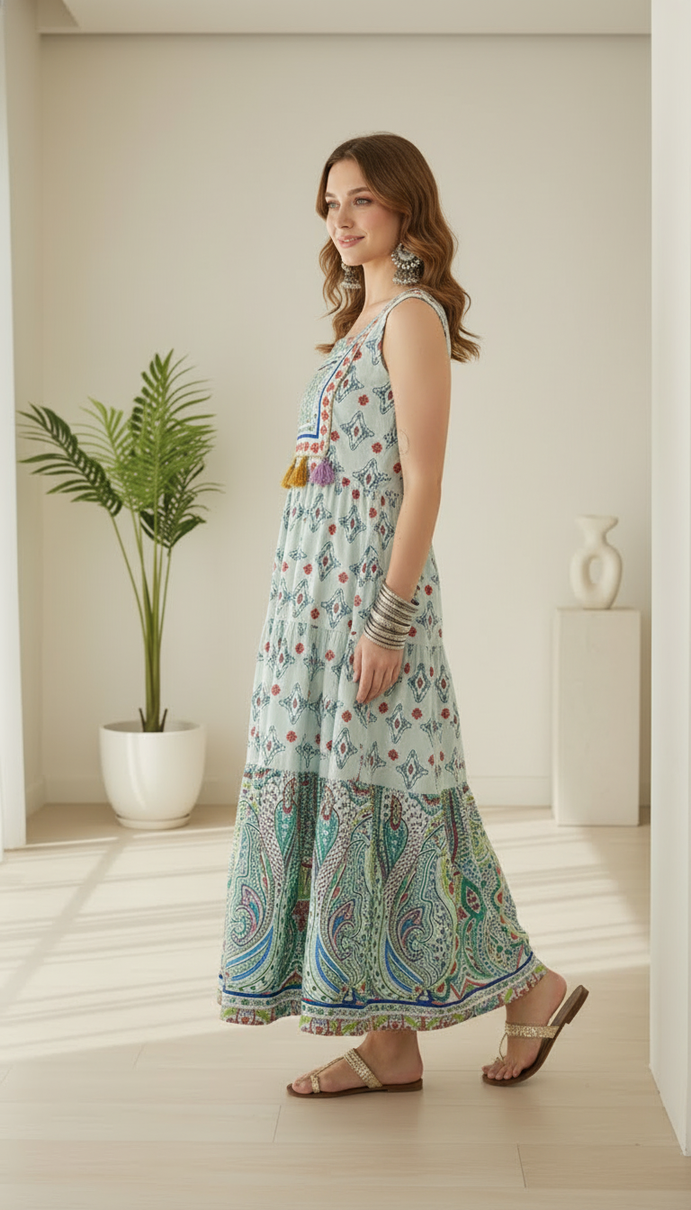 Mint & Azure Paisley Sleeveless Tiered Midi Dress | Daylist.in
