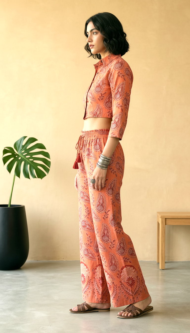 Rust Orange Paisley Cropped Shirt & Wide-Leg Co-ord Set | Daylist.in