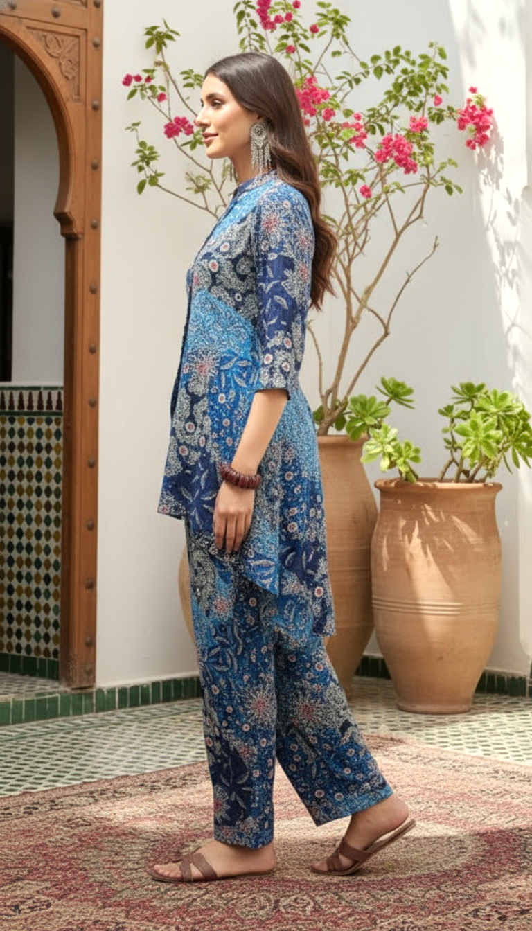 Blue Printed Kurti Pant Co-Ord Set for Women | Ethnic Relaxed Fit Outfit | Daylist