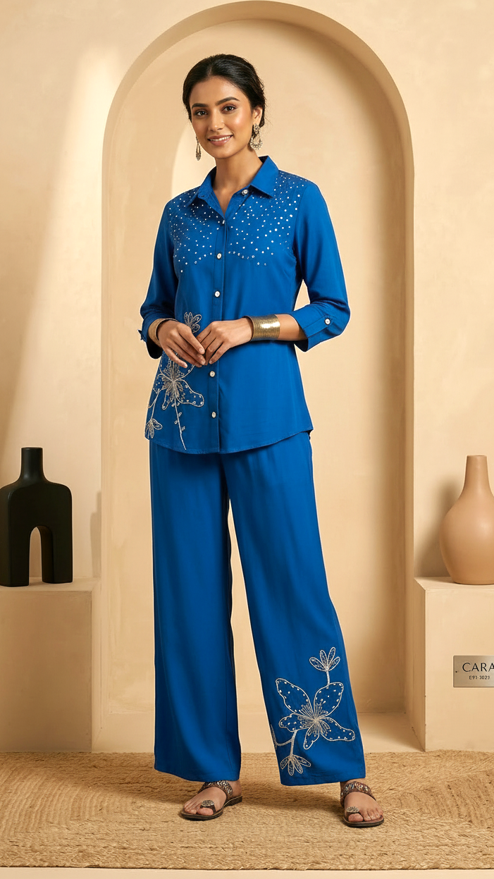 Daylist Blue Embroidered Cotton Shirt & Palazzo Co-Ord Set – 2 Piece Ethnic Lounge Wear