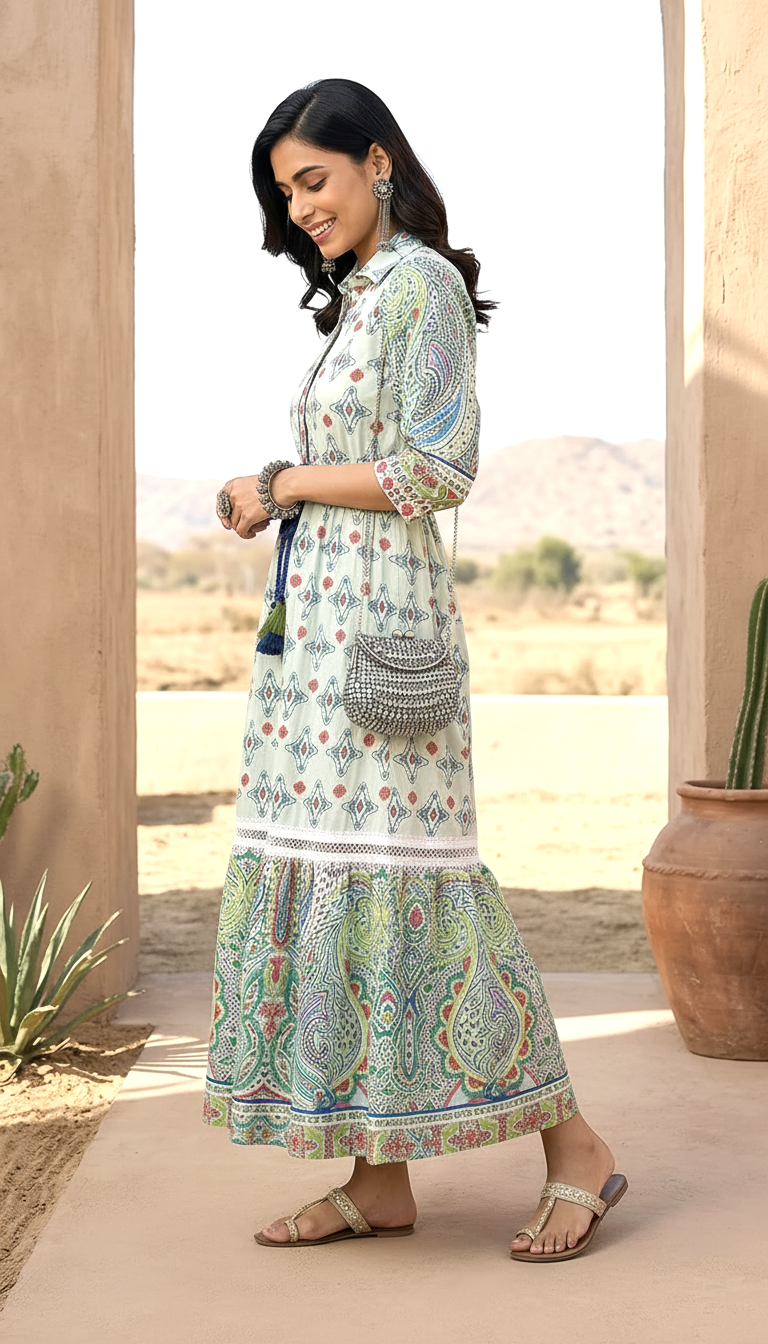 Seafoam Green Paisley Print Tiered Maxi Dress | Daylist.in