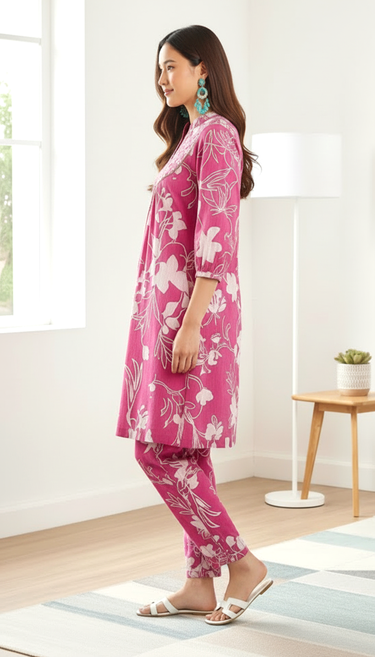 Magenta Floral Print Cotton Co-ord Set