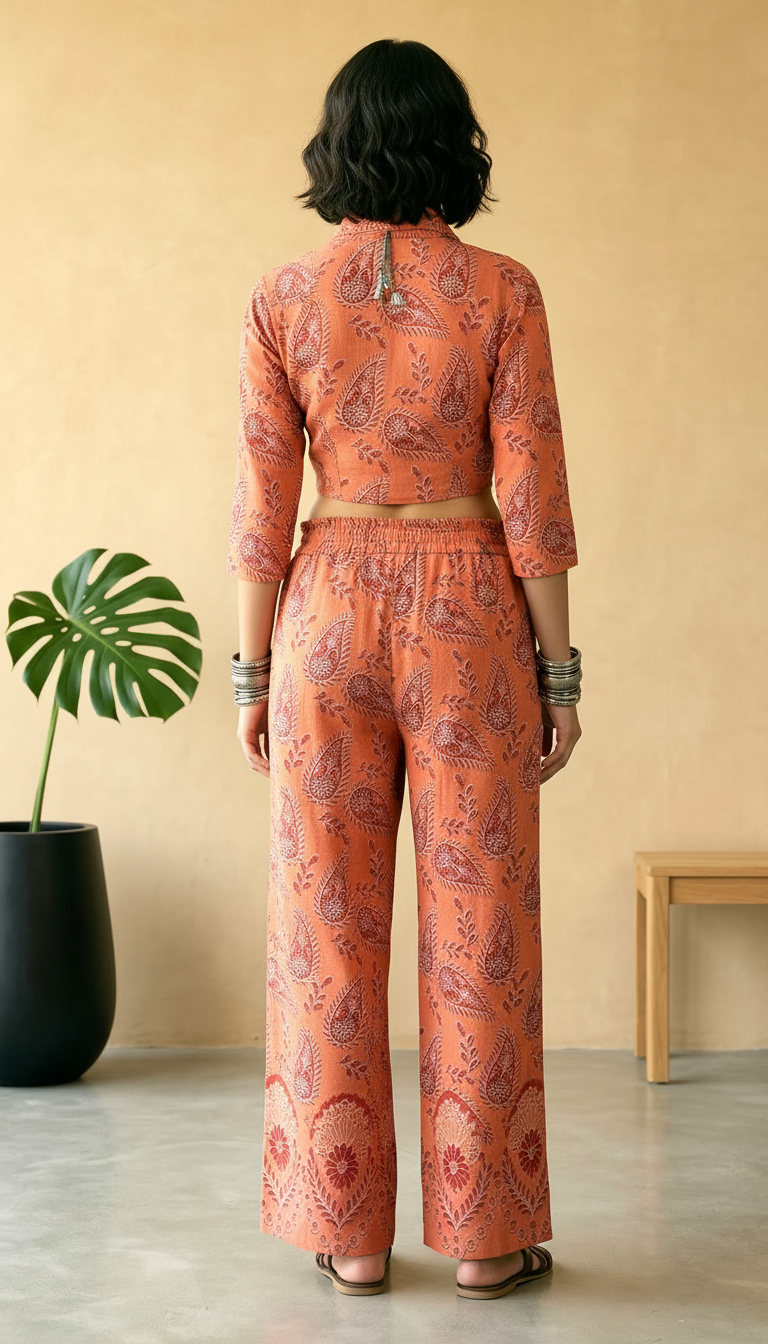 Rust Orange Paisley Cropped Shirt & Wide-Leg Co-ord Set | Daylist.in