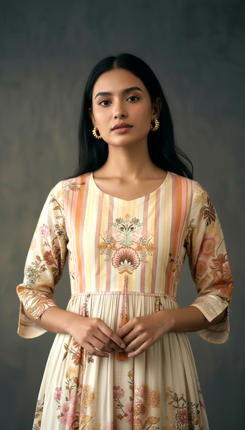 Cream Floral Printed Kurti Palazzo Set for Women | Elegant Ethnic Co-Ord Set | Daylist