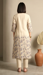 Beige Printed A-Line Kurta Set with Tassel Detail for Women