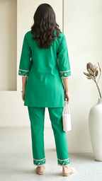 Emerald Green Embroidered Co-ord Set | Schiffli Tunic & Trousers | Daylist.in