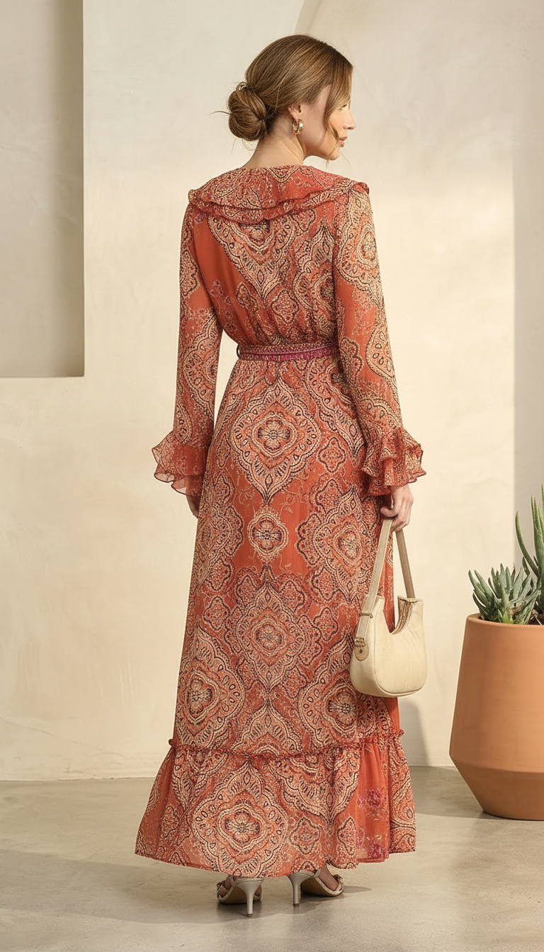Rust Orange Printed Wrap Maxi Dress for Women | Ruffle Detail Dress | Daylist India