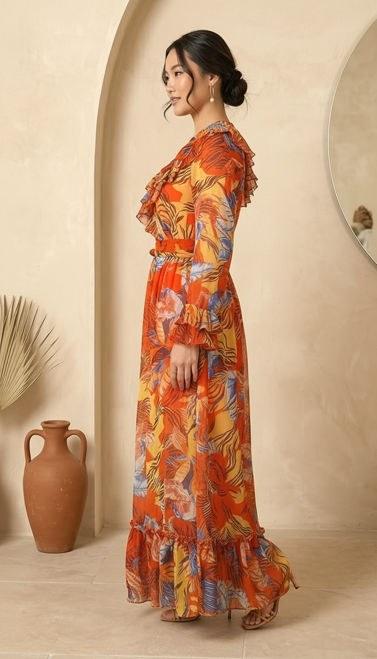 Orange Tropical Print Maxi Dress for Women | Ruffle Wrap Dress | Daylist India