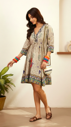 Daylist Earthy Boho-Chic Tiered Mini Dress – Floral & Paisley Print with Tassel Detailing