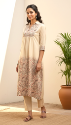 Beige Floral Print Kurta Set with Embroidered Yoke