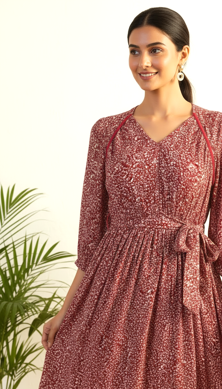 Crimson Ditsy Print Midi Dress | Women's Fit & Flare | Daylist.in