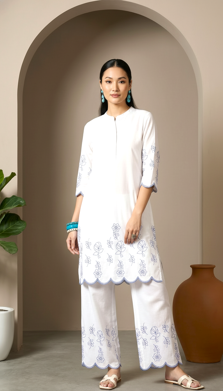 Daylist Azure Breeze Embroidered Co-ord Set – Scalloped White Tunic with Wide-Leg Trousers