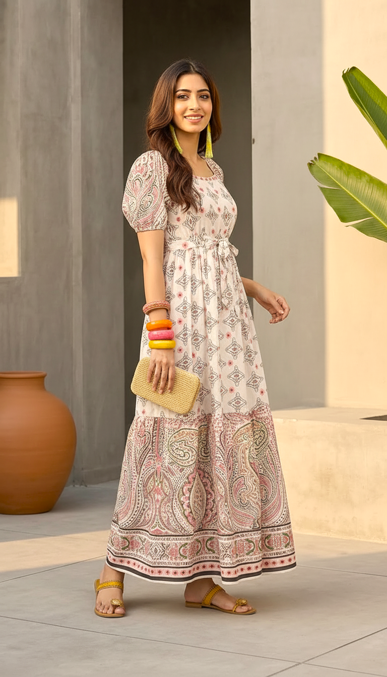 Beige Printed A-Line Maxi Dress with Paisley Border for Women