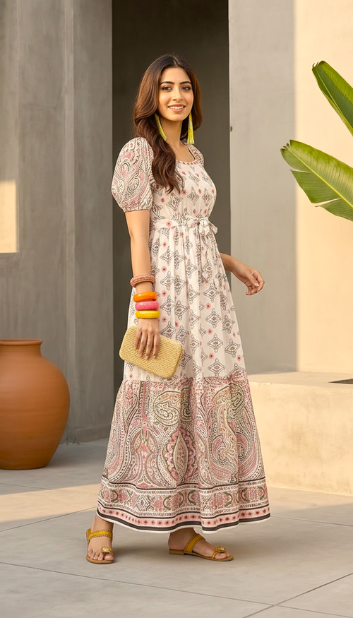 Beige Printed A-Line Maxi Dress with Paisley Border for Women