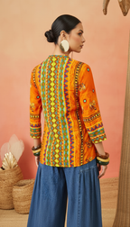 Mandarin Collar Ikat-Inspired Geometric Tunic in Sunset Orange