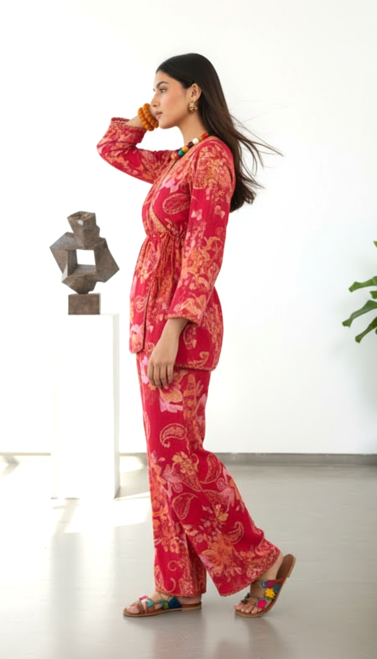 Crimson Bloom Paisley Angrakha Co-ord Set