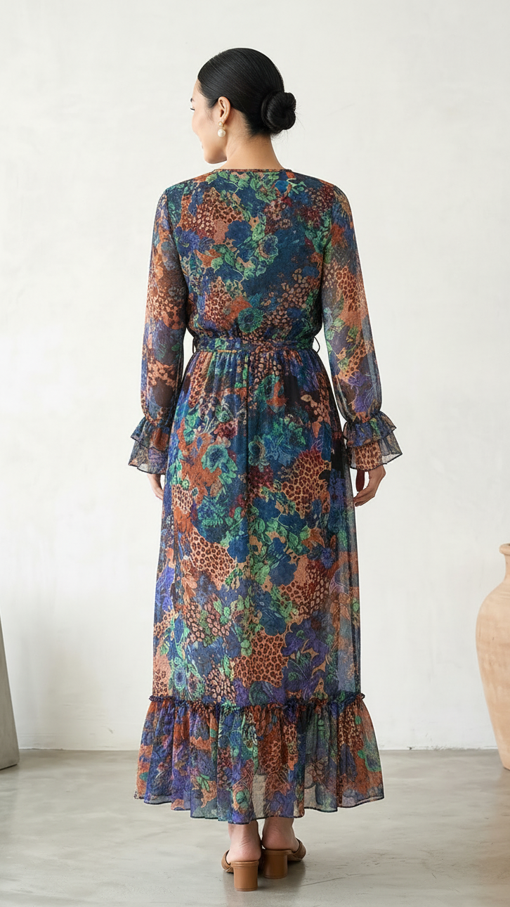 Women Multicolor Printed Maxi Dress with Ruffle Neck | Daylist