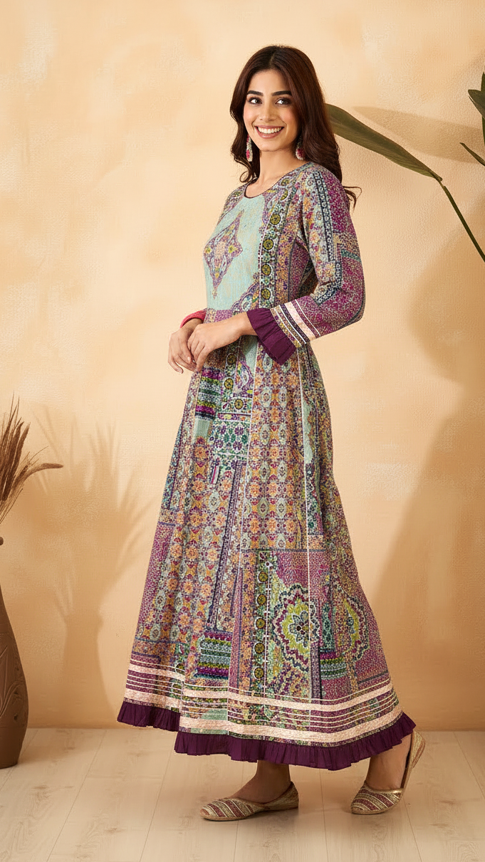 Daylist Mosaic Print Anarkali Gown – Longline Ethnic Dress with Pleated Accents & Gota Patti Work