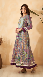 Daylist Mosaic Print Anarkali Gown – Longline Ethnic Dress with Pleated Accents & Gota Patti Work