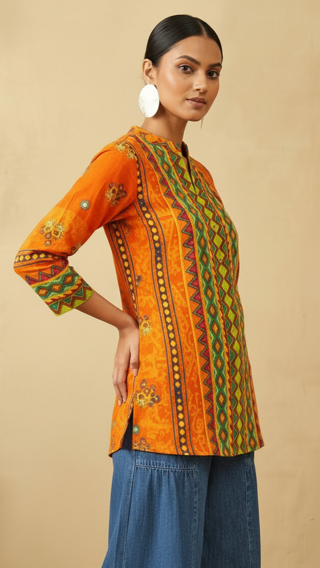Mandarin Collar Ikat-Inspired Geometric Tunic in Sunset Orange