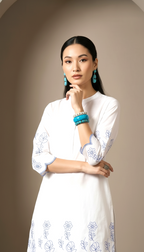 Daylist Azure Breeze Embroidered Co-ord Set – Scalloped White Tunic with Wide-Leg Trousers