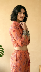Rust Orange Paisley Cropped Shirt & Wide-Leg Co-ord Set | Daylist.in