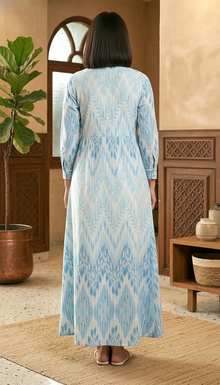 Sky Blue Ikat Print Button-Down Maxi Shirt Dress | Daylist.in