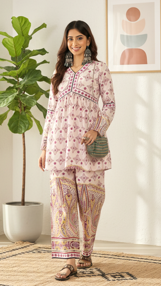 Daylist Mauve Muse Peplum Co-ord Set – Geometric Print Tunic with Paisley Motif Trousers