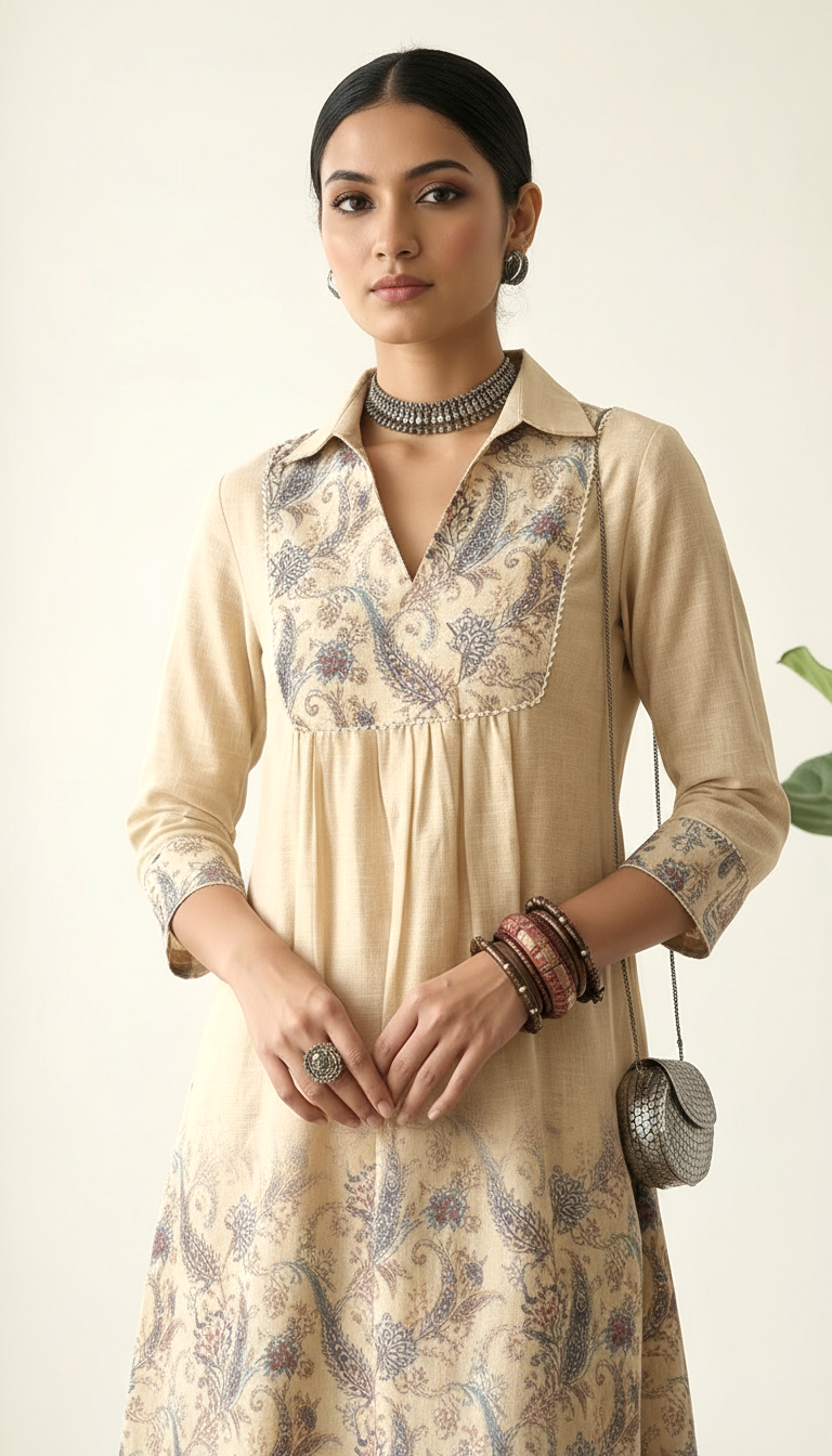 Beige Floral Embroidered Kurta Set with Shirt Collar