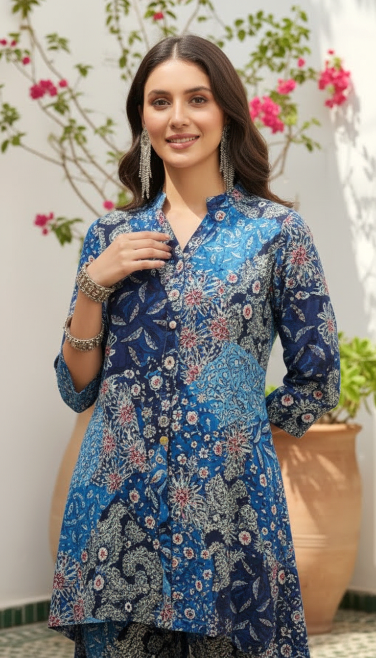 Blue Printed Kurti Pant Co-Ord Set for Women | Ethnic Relaxed Fit Outfit | Daylist
