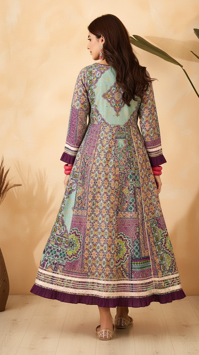 Daylist Mosaic Print Anarkali Gown – Longline Ethnic Dress with Pleated Accents & Gota Patti Work