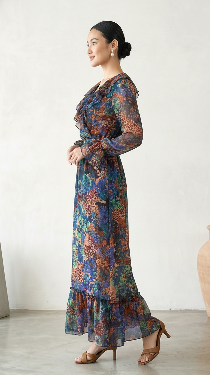 Women Multicolor Printed Maxi Dress with Ruffle Neck | Daylist