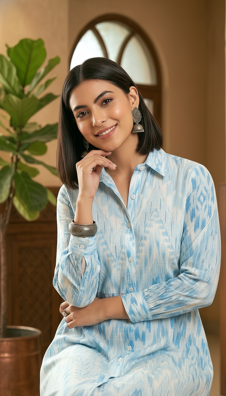 Sky Blue Ikat Print Button-Down Maxi Shirt Dress | Daylist.in