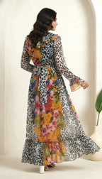 Floral & Animal Print Maxi Dress with Ruffle Neck | Daylist Women