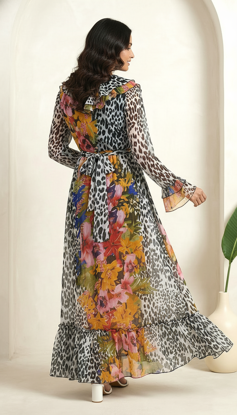 Floral & Animal Print Maxi Dress with Ruffle Neck | Daylist Women