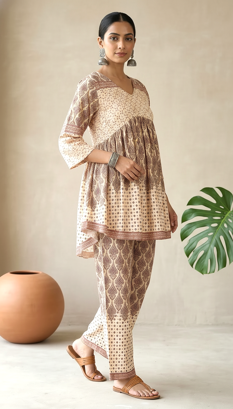 Daylist Earthy Geometric Print Peplum Kurti & Straight Pant Co-ord Set – 2-Piece Ethnic Fusion Outfit