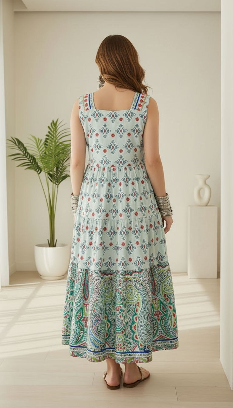 Mint & Azure Paisley Sleeveless Tiered Midi Dress | Daylist.in