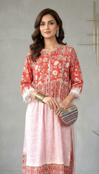 Vermillion & Blush Ombre Floral Kurta Set with Scalloped Fringe Detailing