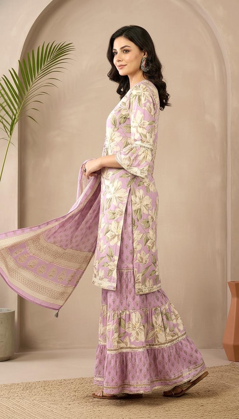 Daylist.in Lavender Floral Tiered Sharara Set with Bell Sleeves – 3 Piece Embroidered Ethnic Suit