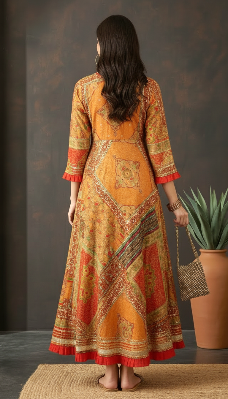 Daylist Mustard Orange Printed Anarkali Maxi Dress with Ethnic Patchwork Design