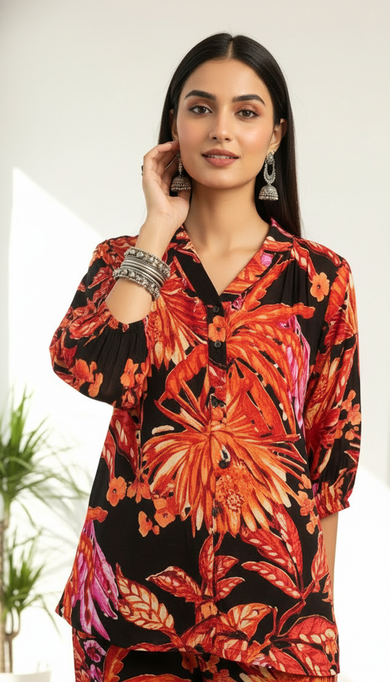 Amber Flare Floral Button-Down Co-ord Set