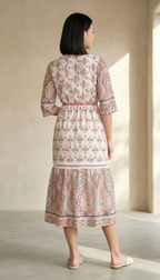 Women Beige Ethnic Printed A-Line Midi Dress with Tassel Tie-Up | Daylist