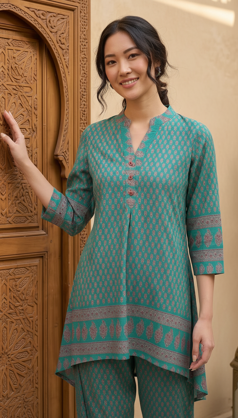 Daylist Sea Green High-Low Tunic with Straight-Fit Pants – 2-Piece Ethnic Co-ord Set