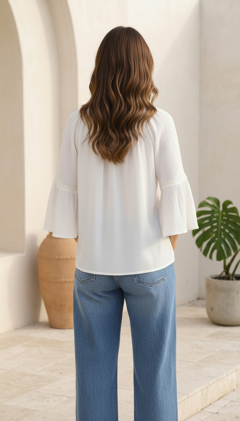 Daylist Ivory Embroidered Bell Sleeve Tunic Top