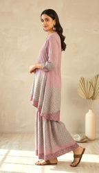 Daylist Mauve & Sage Printed Sharara Set – 2 Piece High-Low Kurti & Tiered Gharara Ensemble